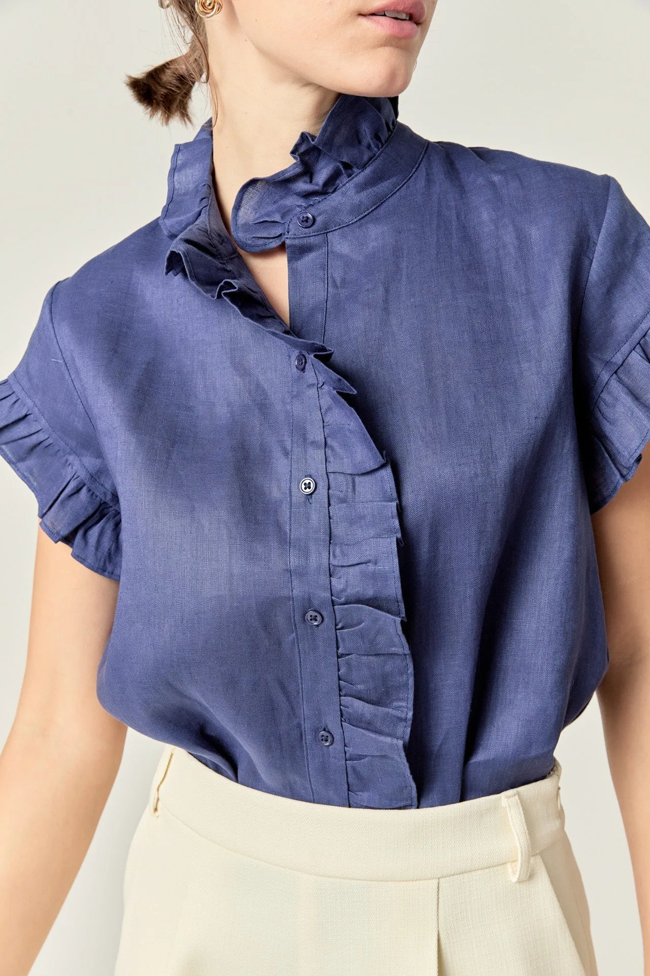 Navy Linen Ruffle Shirt