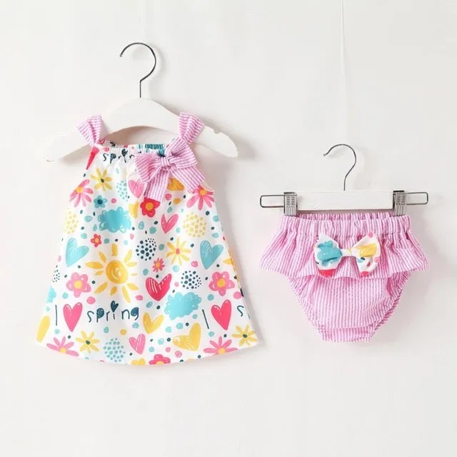 New Newborn Baby Girls Clothes Sleeveless Dress Briefs 2PCS Outfits Set Striped Printed Cute Clothing Sets Summer Sunsuit 0-24M