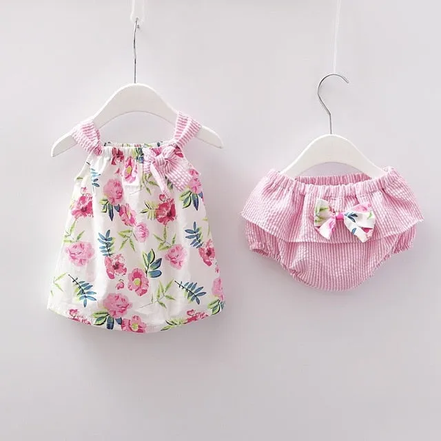 New Newborn Baby Girls Clothes Sleeveless Dress Briefs 2PCS Outfits Set Striped Printed Cute Clothing Sets Summer Sunsuit 0-24M