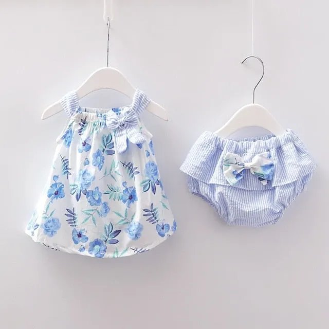 New Newborn Baby Girls Clothes Sleeveless Dress Briefs 2PCS Outfits Set Striped Printed Cute Clothing Sets Summer Sunsuit 0-24M