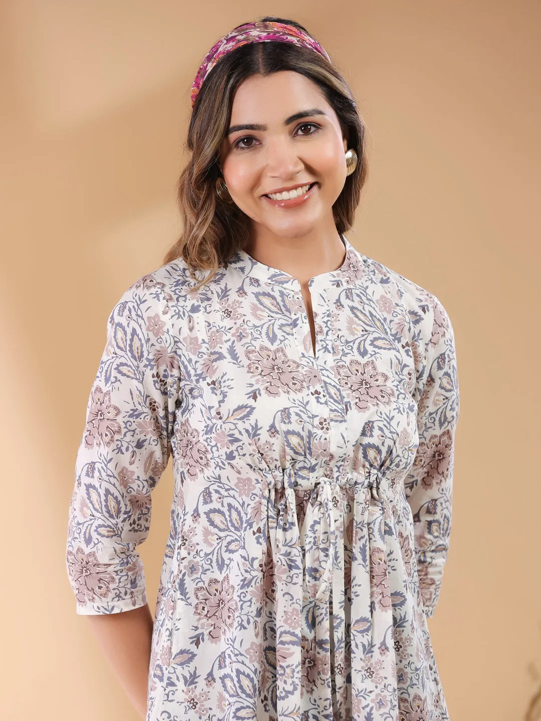 Off White Pure Cotton Floral Printed A-line Tunic  - By Janasya