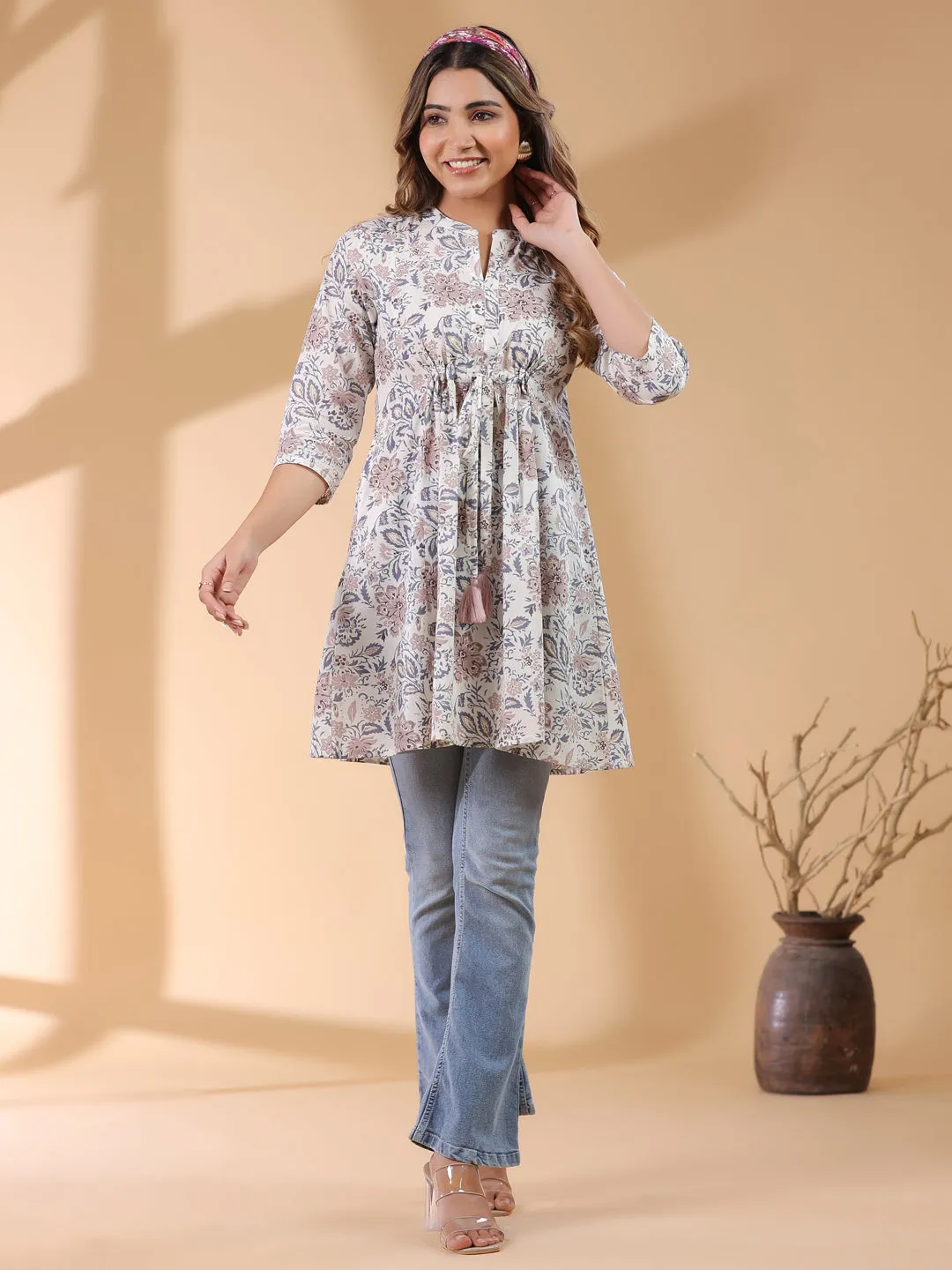 Off White Pure Cotton Floral Printed A-line Tunic  - By Janasya
