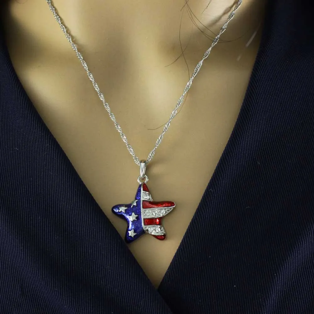 Patriotic Red White Blue Star Pendant with Silver Chain - PT326S