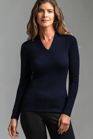 PAULA RYAN ESSENTIALS Slim Fit Long Sleeve High Neck V Top - Navy Merino