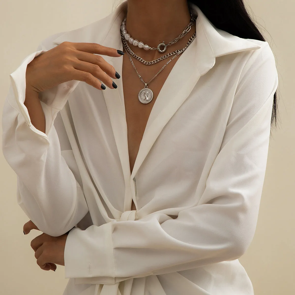 Pearl & Silver-Plated Coin Pendant Necklace Set