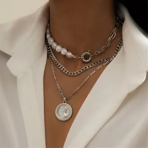 Pearl & Silver-Plated Coin Pendant Necklace Set