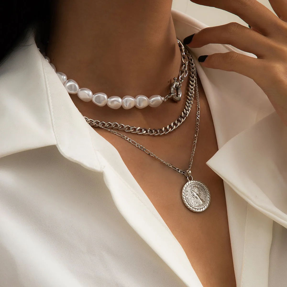 Pearl & Silver-Plated Coin Pendant Necklace Set