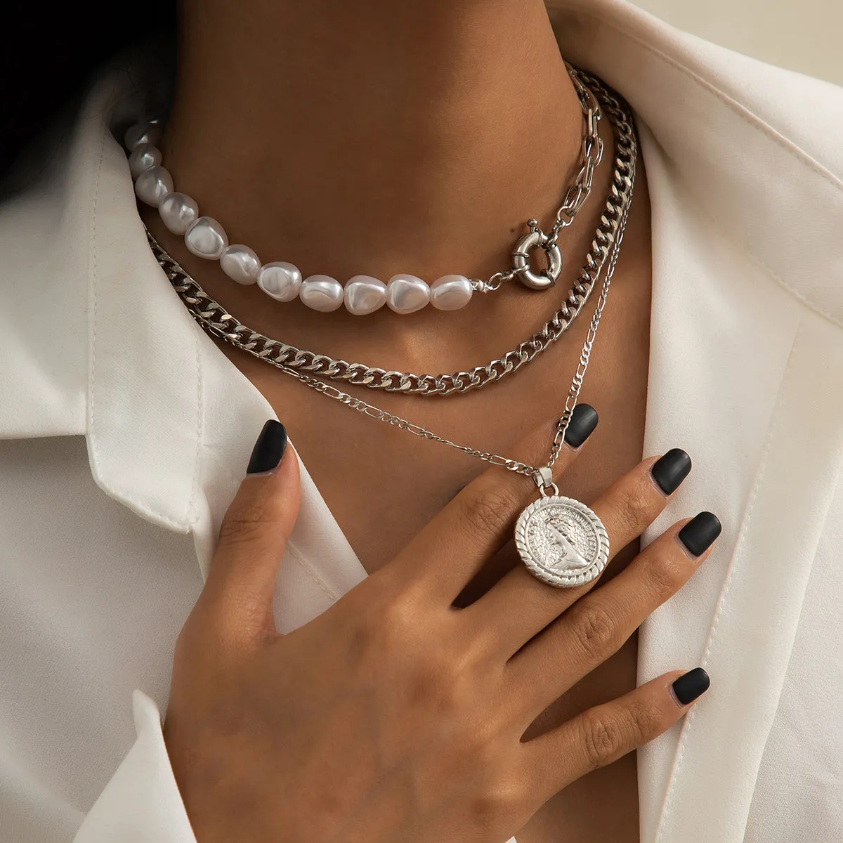 Pearl & Silver-Plated Coin Pendant Necklace Set