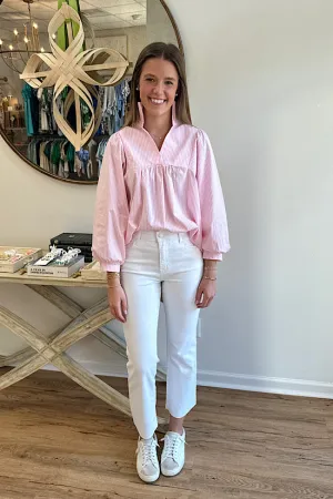 Pink and White Ruffle Neck Top