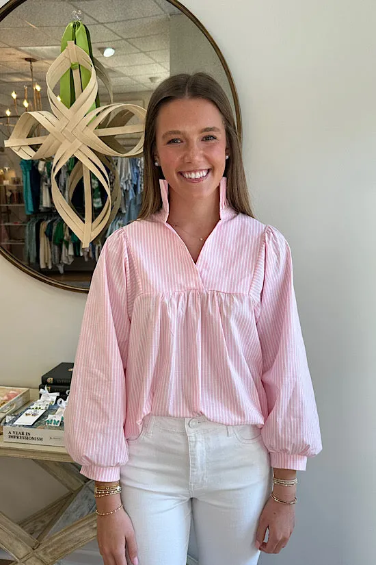Pink and White Ruffle Neck Top