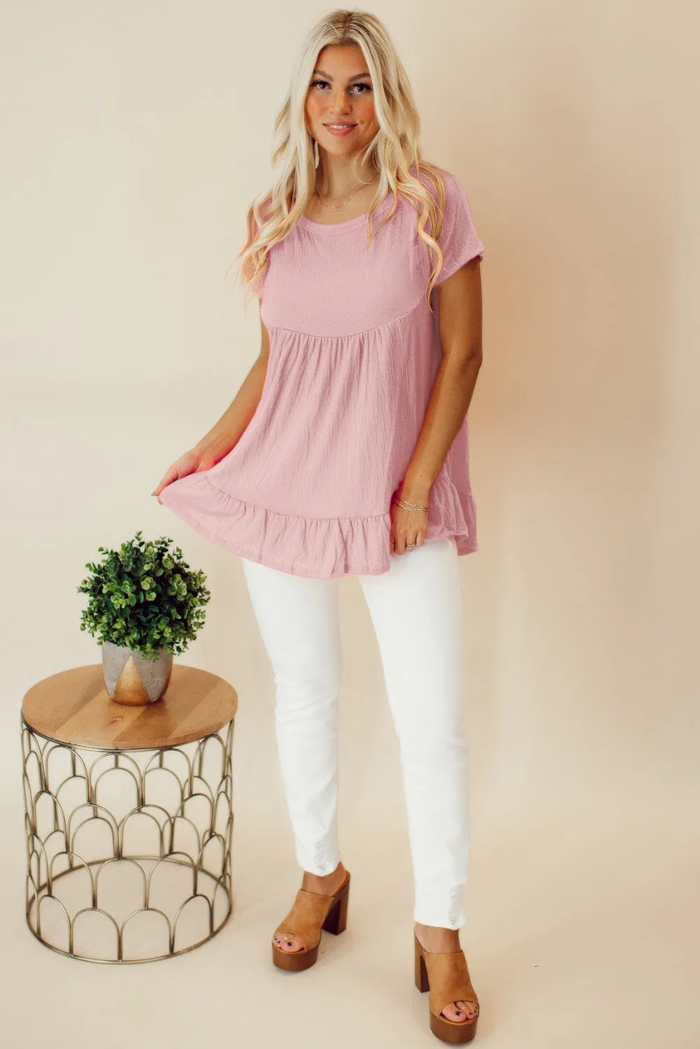 Pink Solid Short Sleeve Ruffle Hem Top