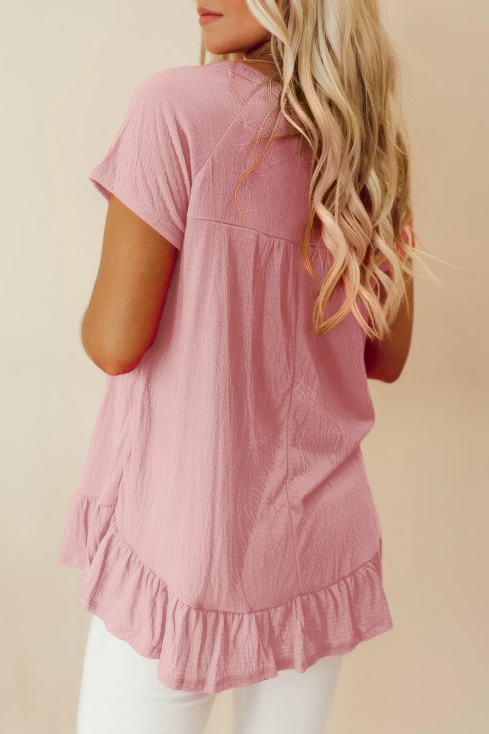 Pink Solid Short Sleeve Ruffle Hem Top