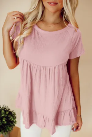 Pink Solid Short Sleeve Ruffle Hem Top