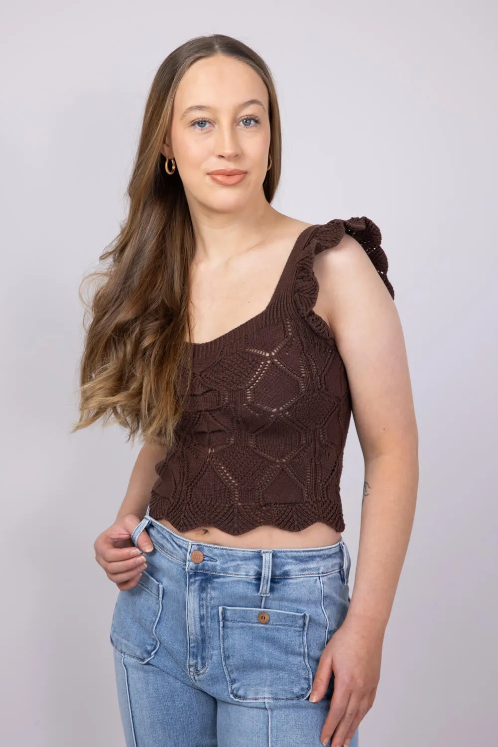 Pointelle Knit Ruffled Tank Top for Women in Brown | MK7030-BROWN