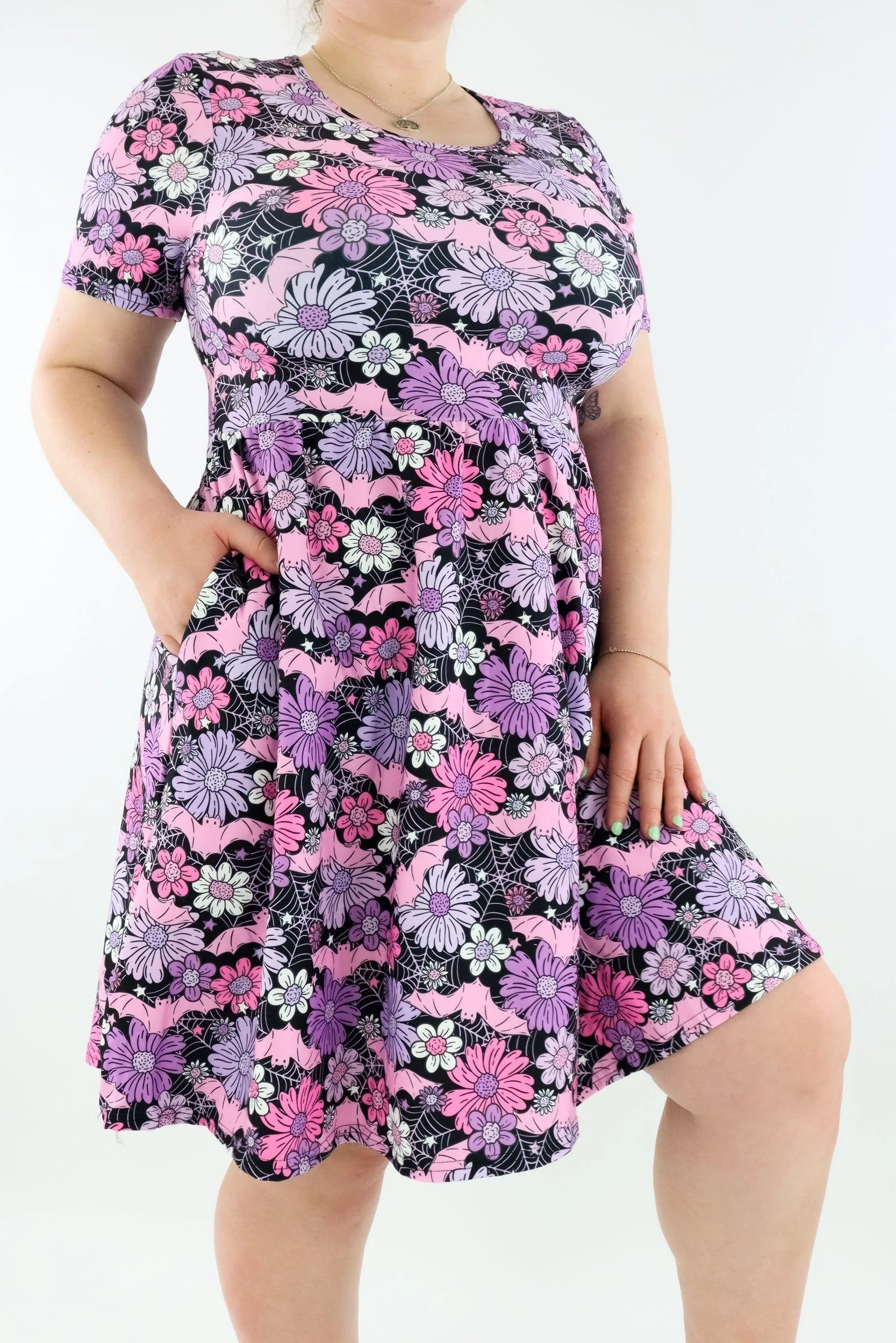 Pretty Scary - Short Sleeve Skater Dress - Knee Length - Side Pockets