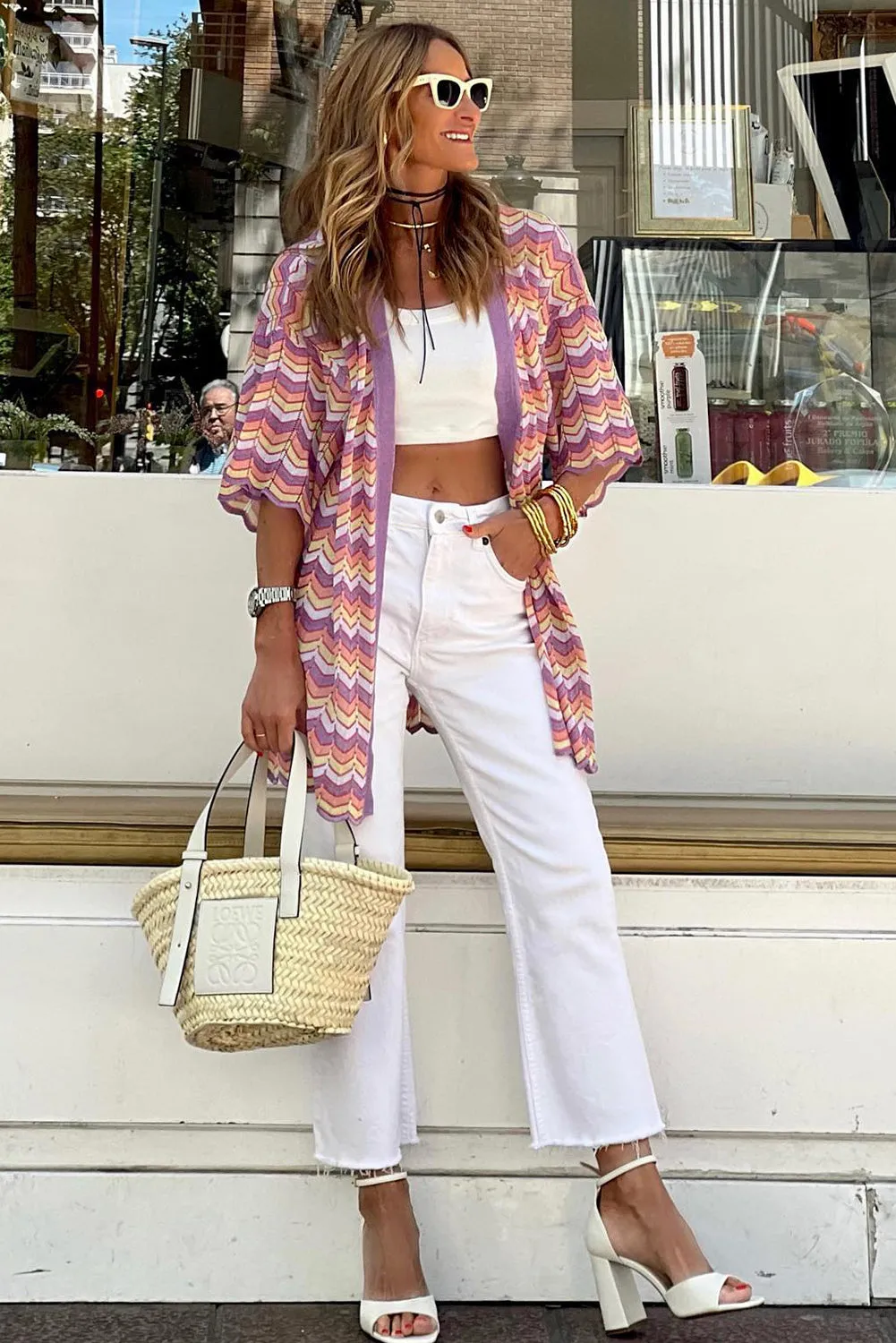 Purple Geometric Wavy Pattern Half Sleeve Tunic Cardigan