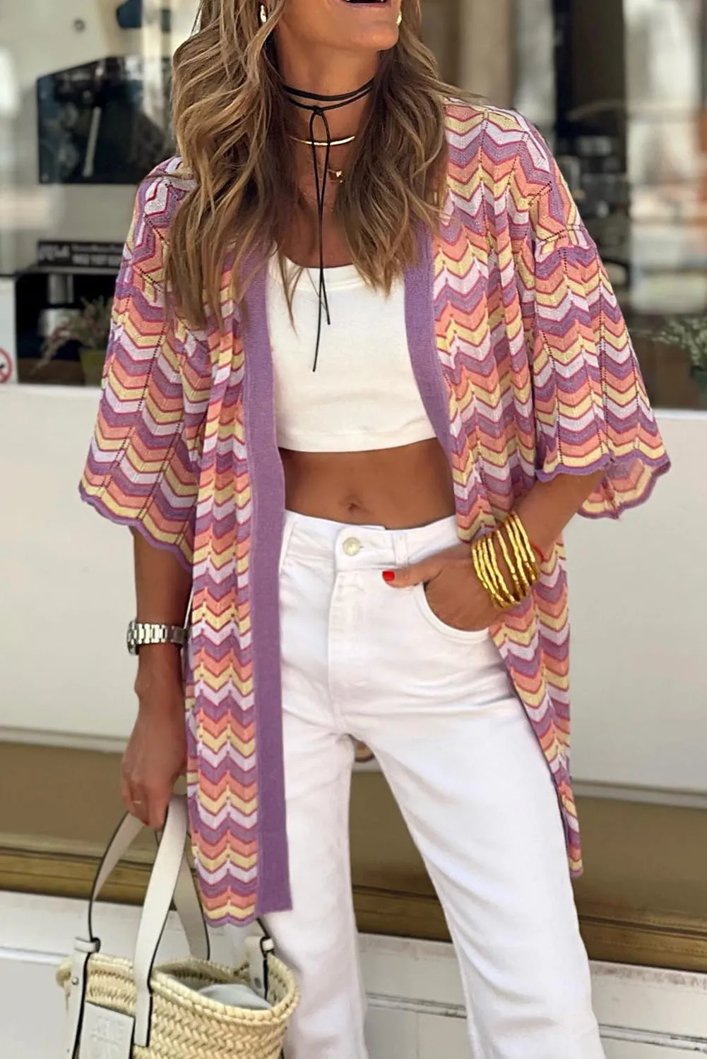 Purple Geometric Wavy Pattern Half Sleeve Tunic Cardigan