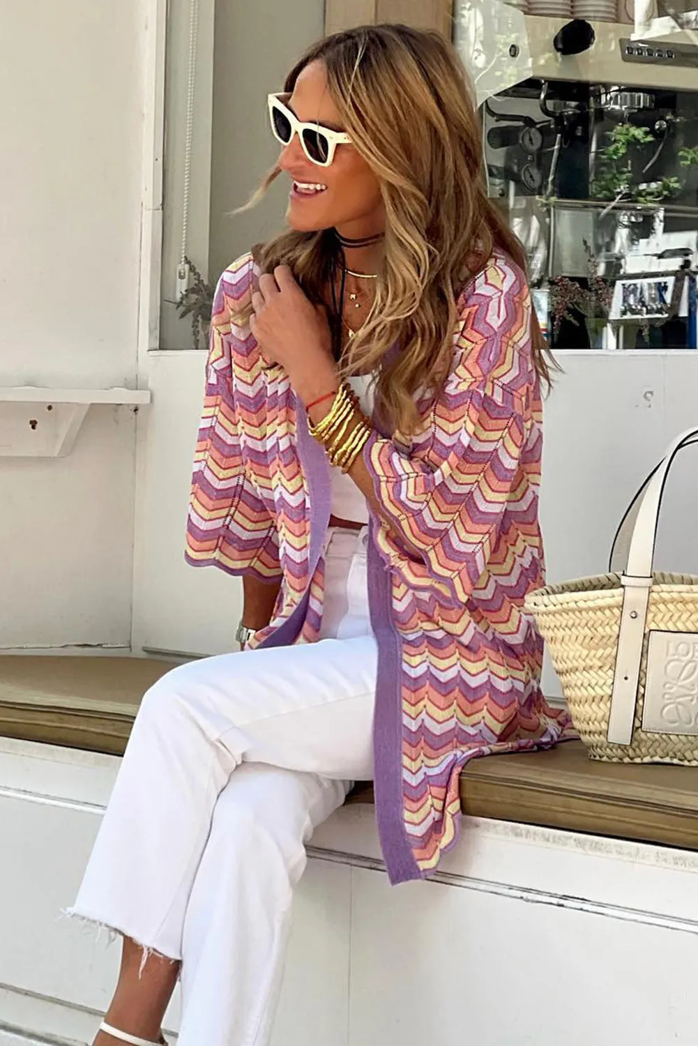 Purple Geometric Wavy Pattern Half Sleeve Tunic Cardigan