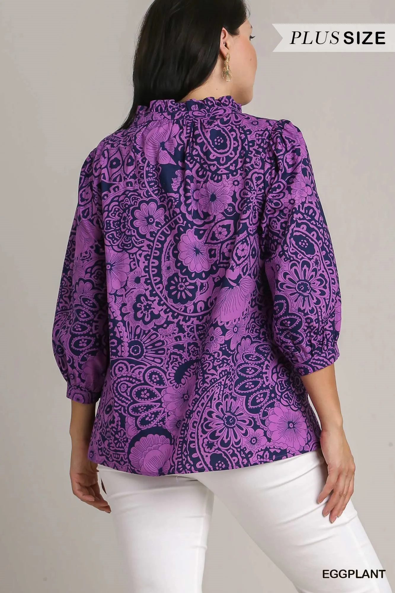 Purple Paisley Notched Ruffle Top