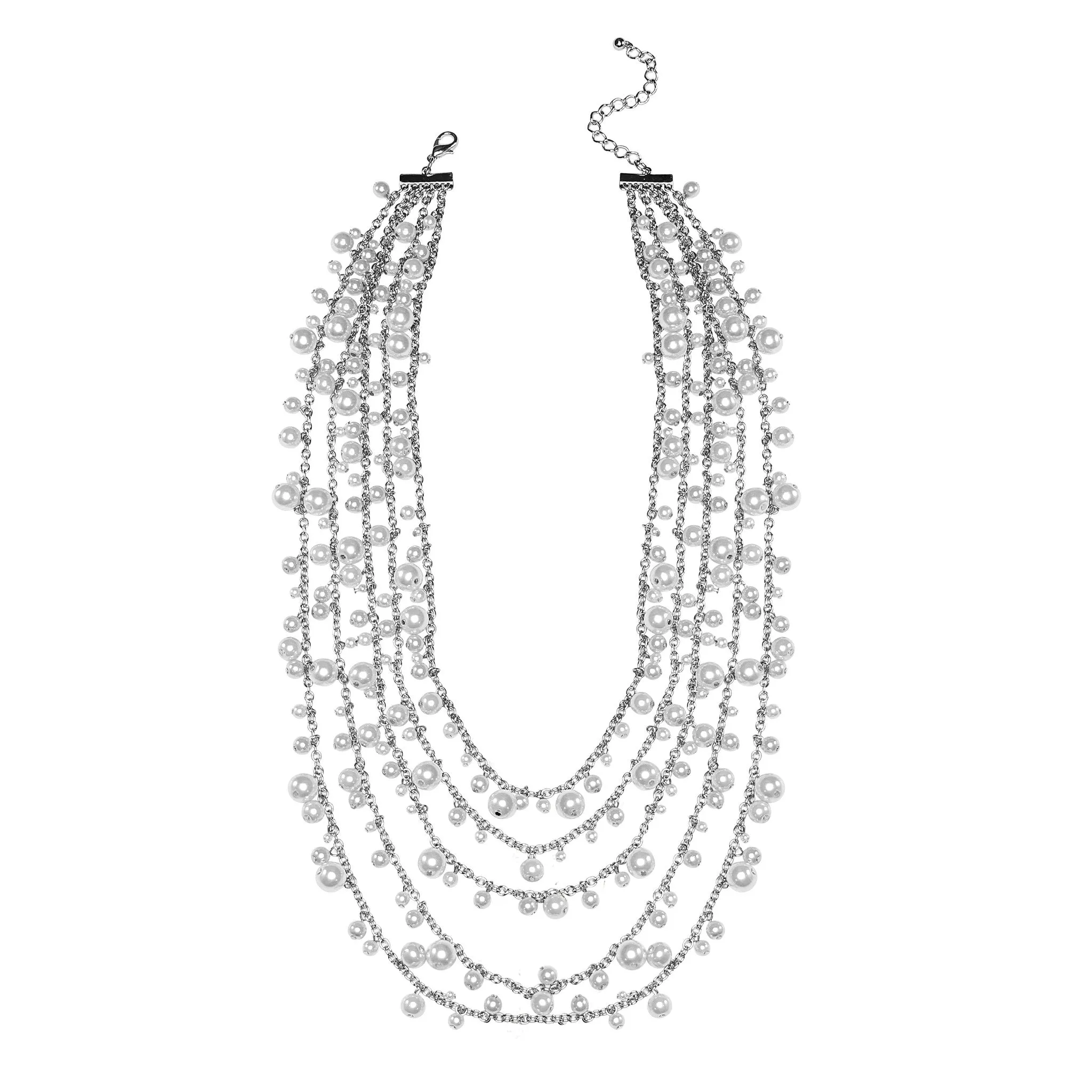 "Glam Pearls" 5 rows layered statement necklace / Silver Tone