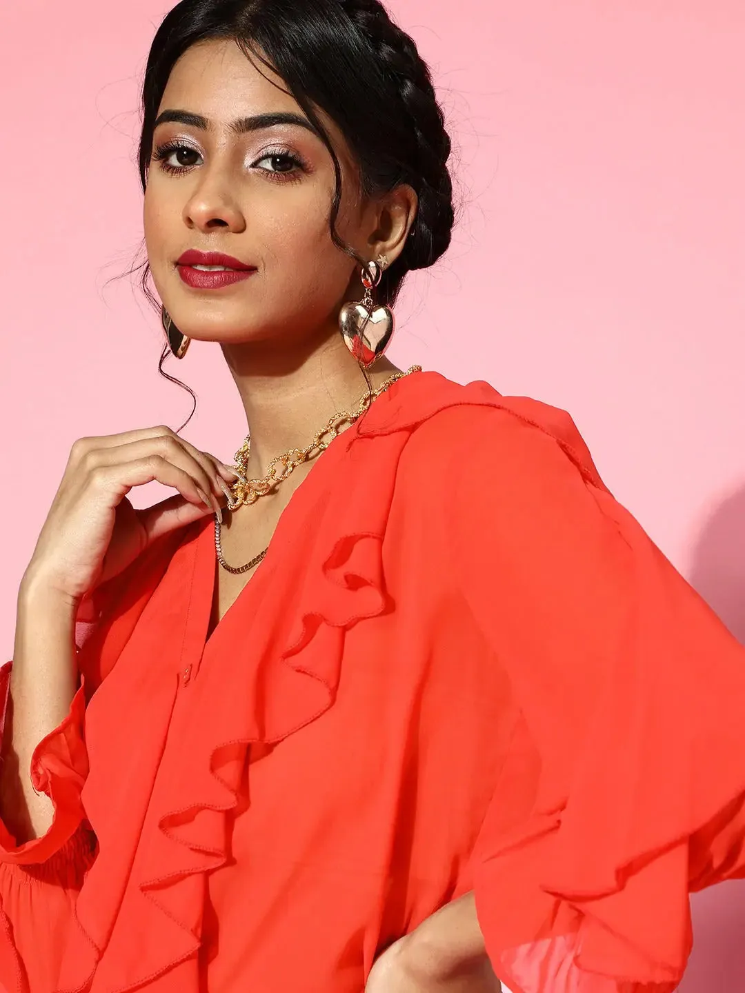 Red Cascading Ruffle Solid Blouse