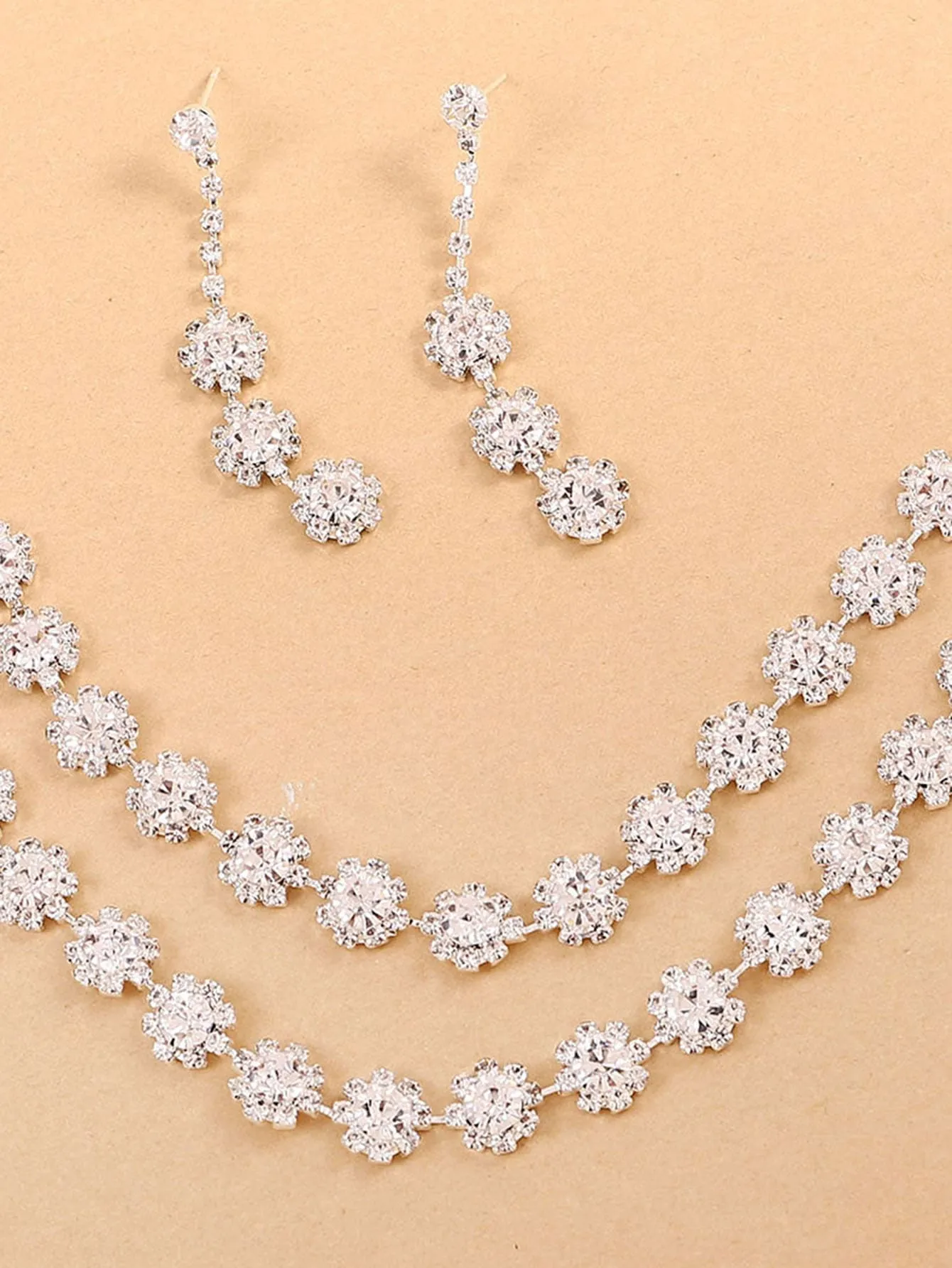 Rhinestone Decor Layered Necklace & 1pair Drop Earrings - Silver