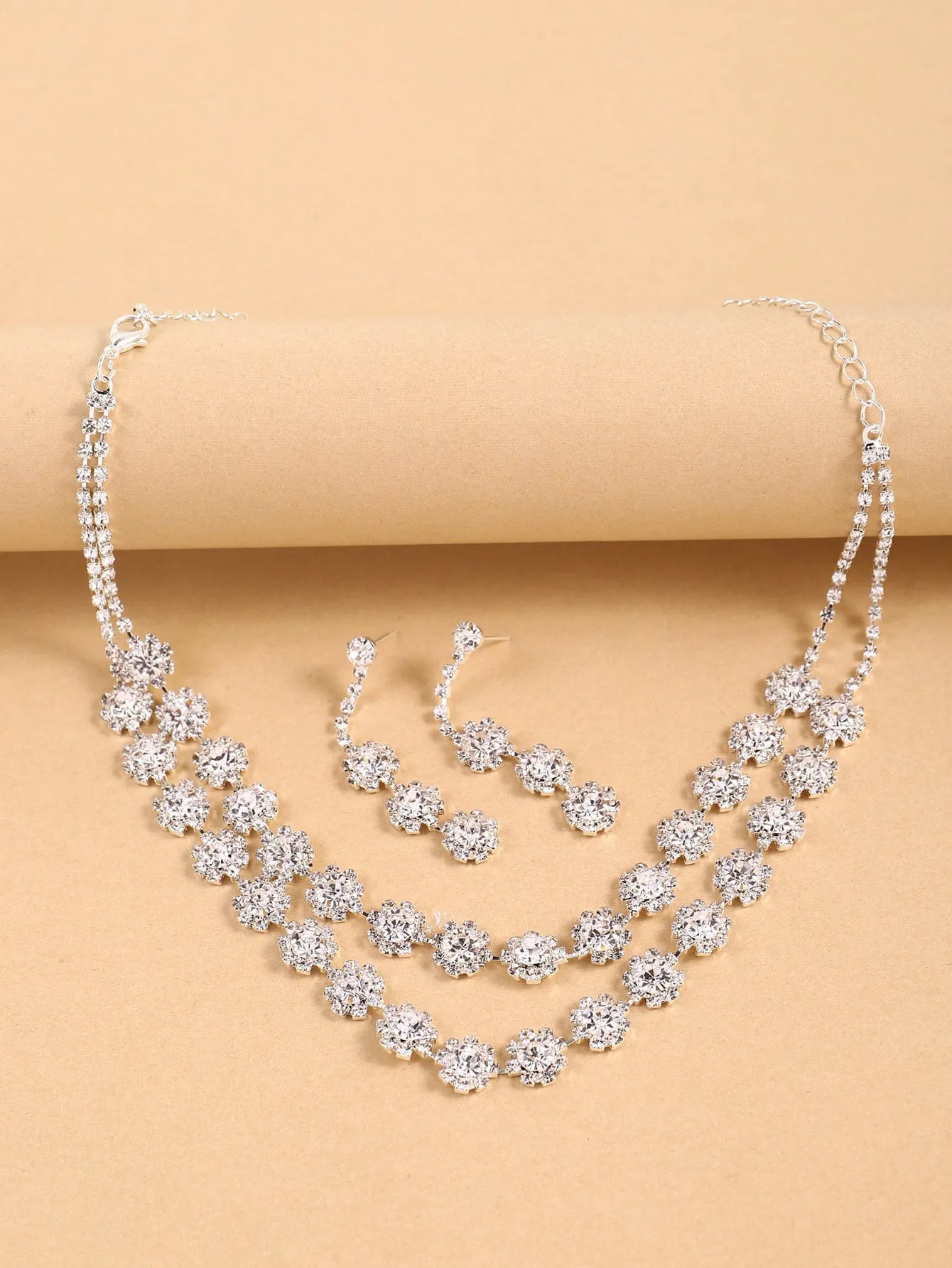 Rhinestone Decor Layered Necklace & 1pair Drop Earrings - Silver