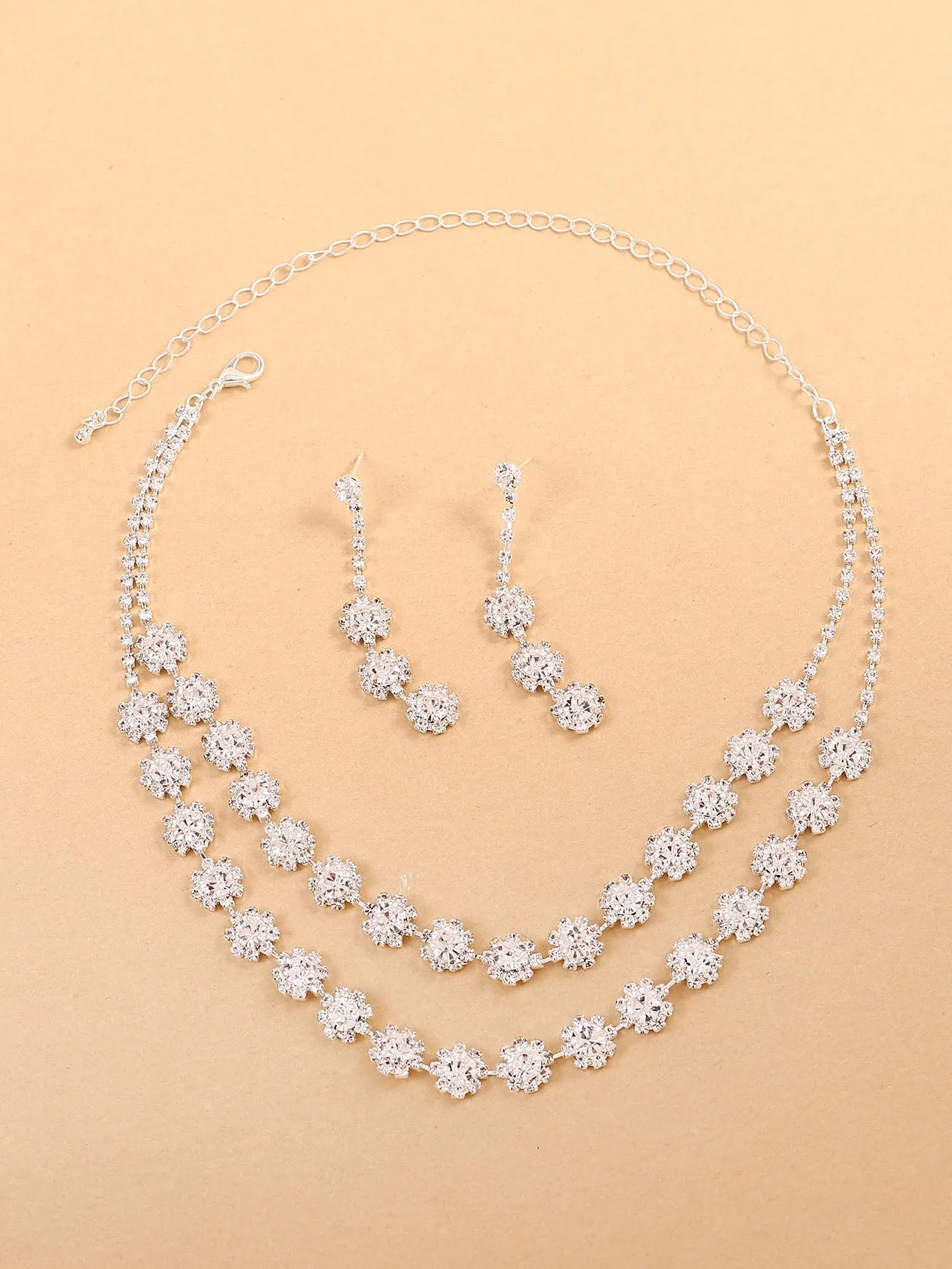 Rhinestone Decor Layered Necklace & 1pair Drop Earrings - Silver