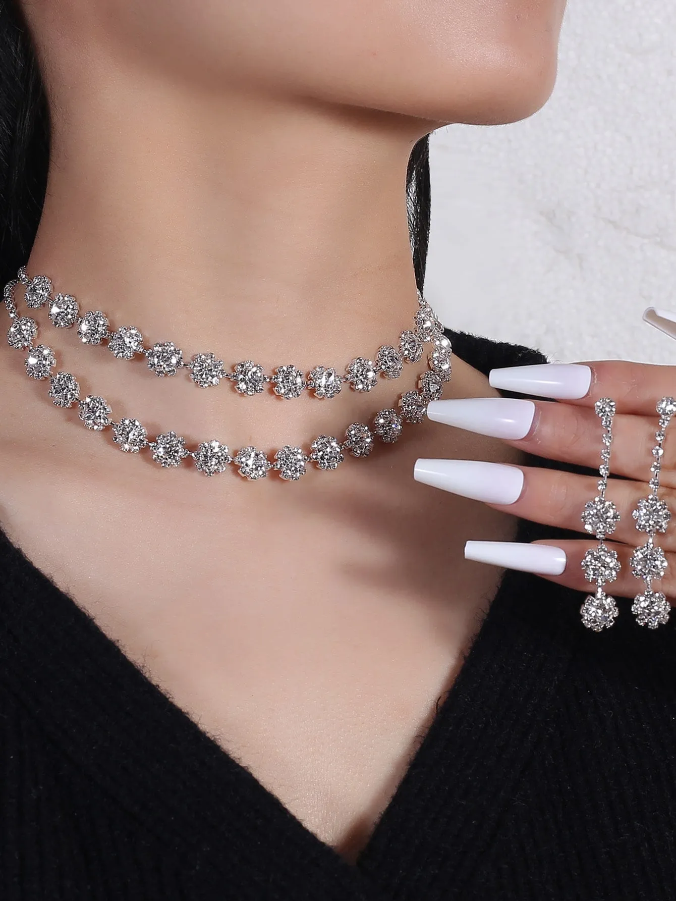 Rhinestone Decor Layered Necklace & 1pair Drop Earrings - Silver