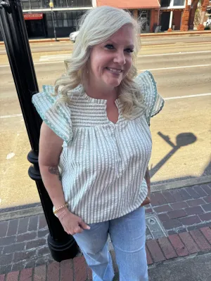 Richie Sage Striped Ruffle Sleeve Top