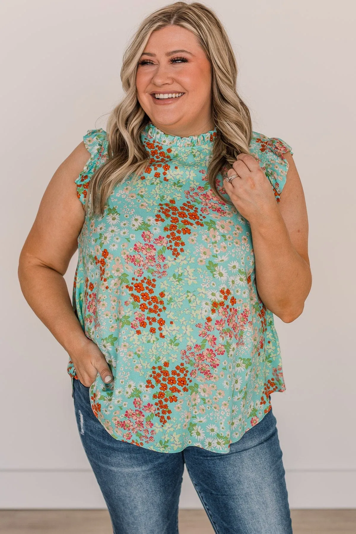 Right Beside You Floral Ruffle Top- Blue