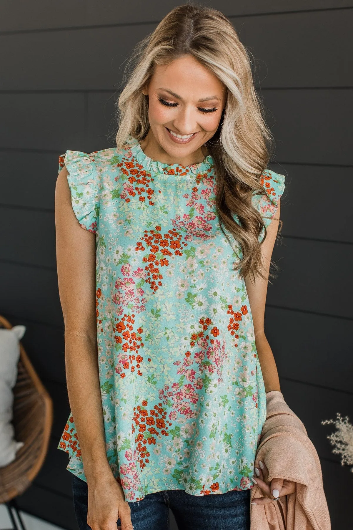 Right Beside You Floral Ruffle Top- Blue