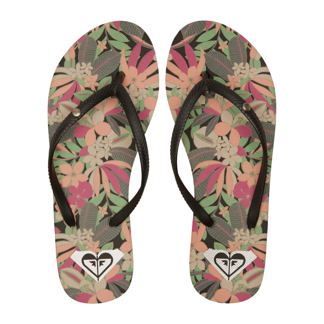 Roxy Bermuda Print Flip Flops - Black/Pink/Soft Lime