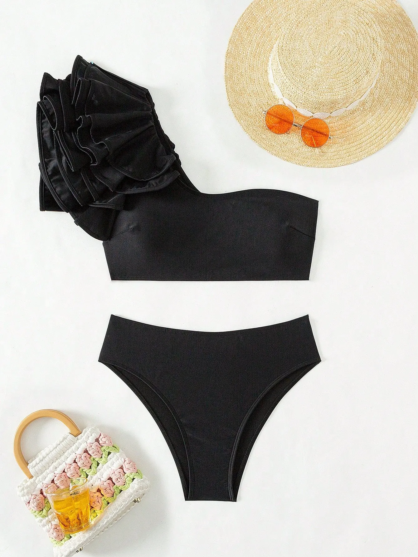 Ruffle bikini| Solid Color Asymmetric One-Shoulder Ruffle Bikini Set