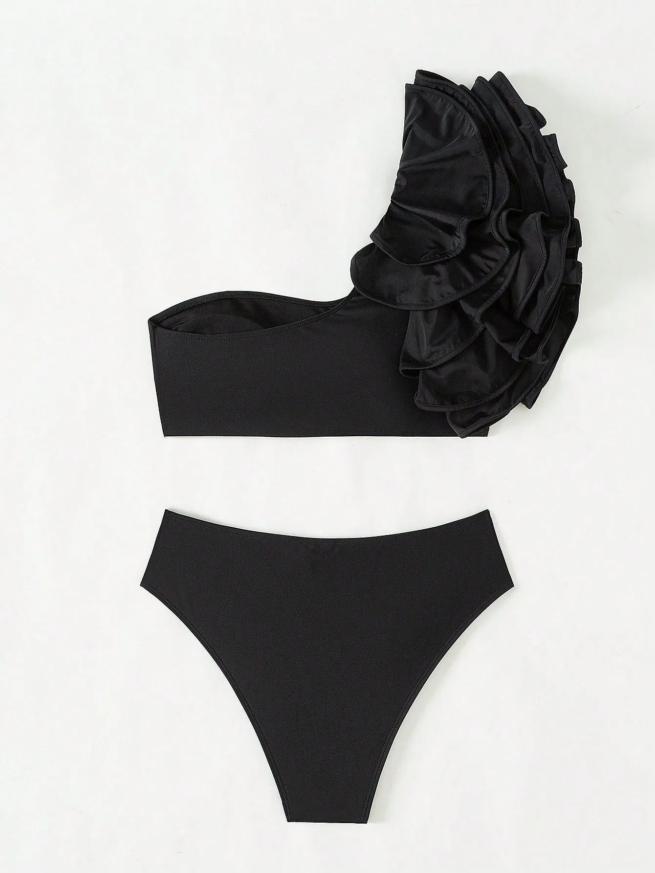 Ruffle bikini| Solid Color Asymmetric One-Shoulder Ruffle Bikini Set