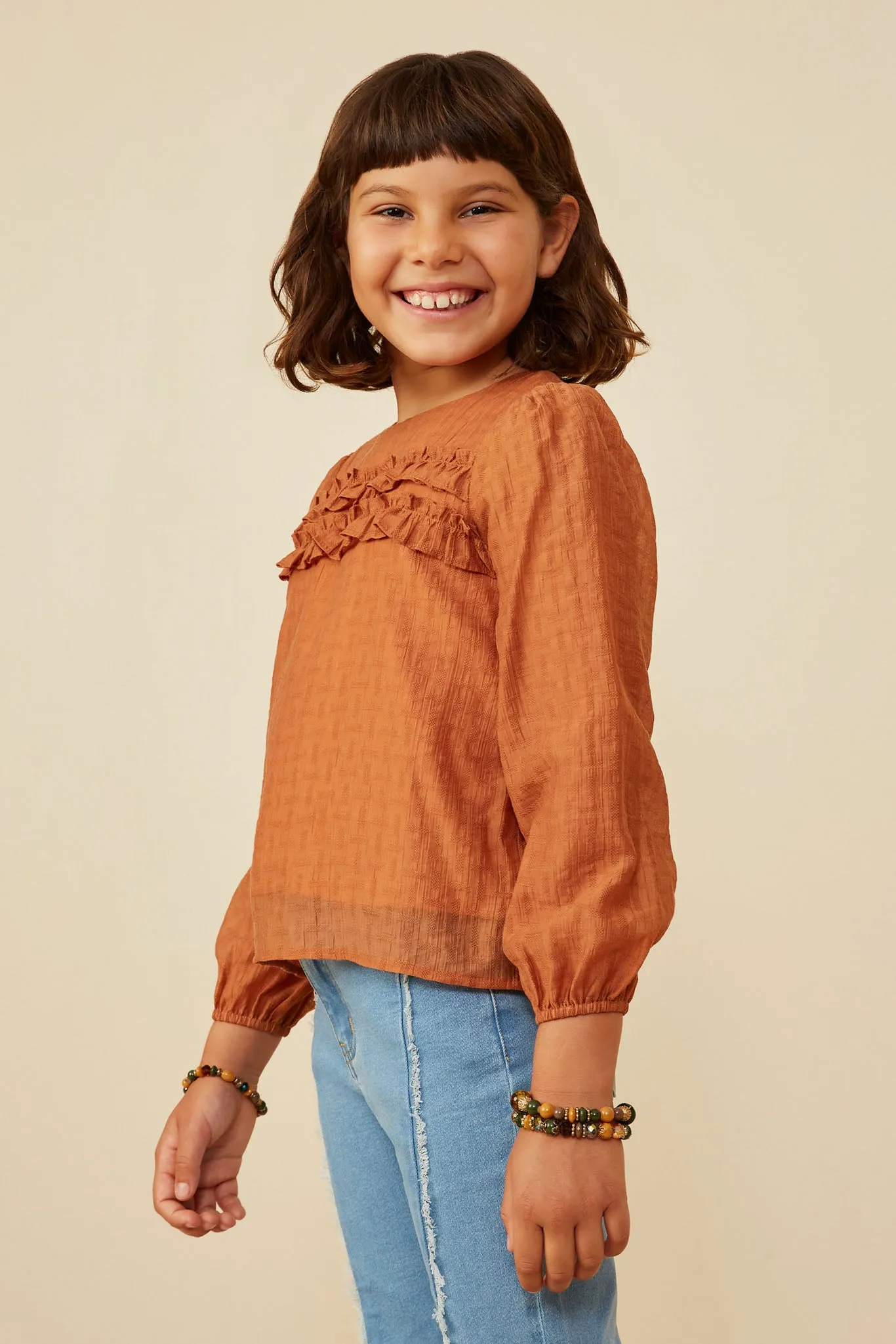 Ruffle Detail Puff Sleeve Textured Top