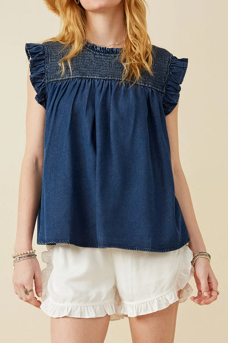 Ruffle Detailed Smocked Denim Tencel Tank