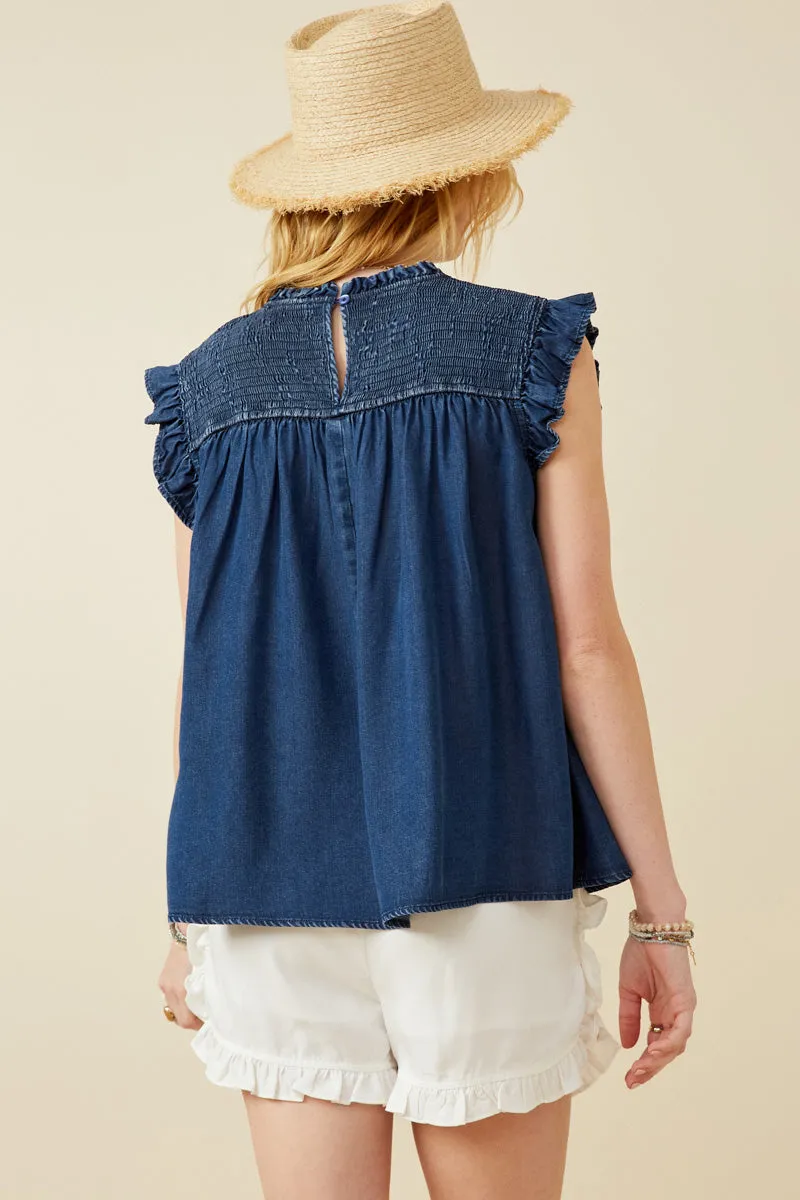 Ruffle Detailed Smocked Denim Tencel Tank