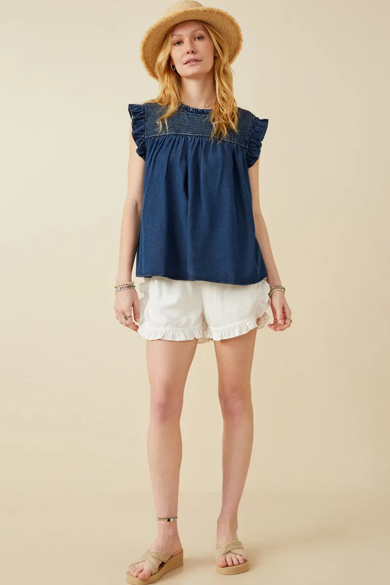 Ruffle Detailed Smocked Denim Tencel Tank