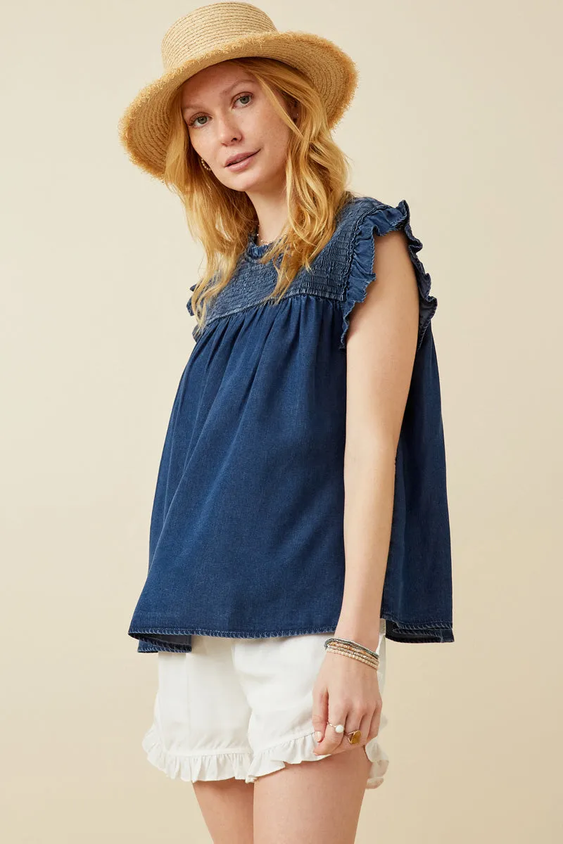 Ruffle Detailed Smocked Denim Tencel Tank