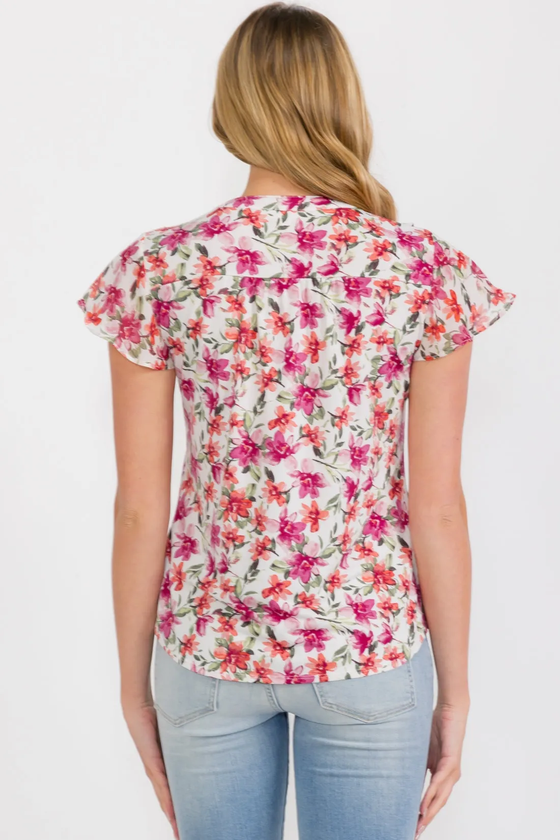 RUFFLE FRONT BUTTON DOWN MIX MEDIA SHIRT