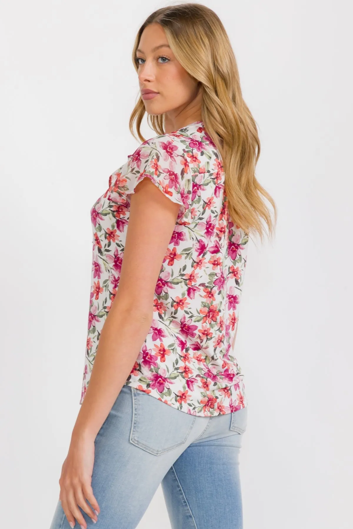 RUFFLE FRONT BUTTON DOWN MIX MEDIA SHIRT