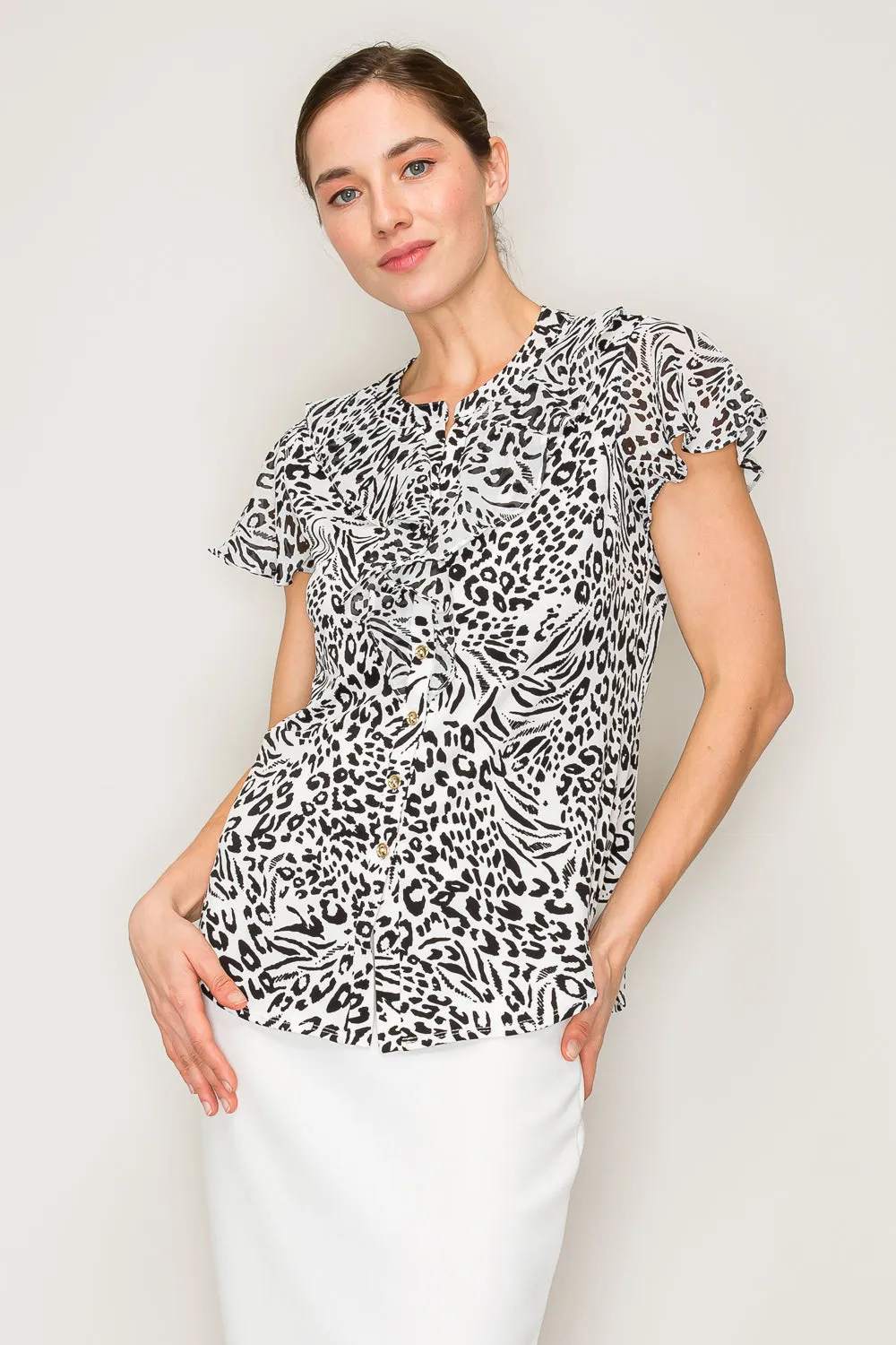RUFFLE FRONT BUTTON DOWN MIX MEDIA SHIRT