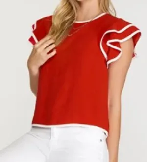 Ruffle Sleeve Top- Red