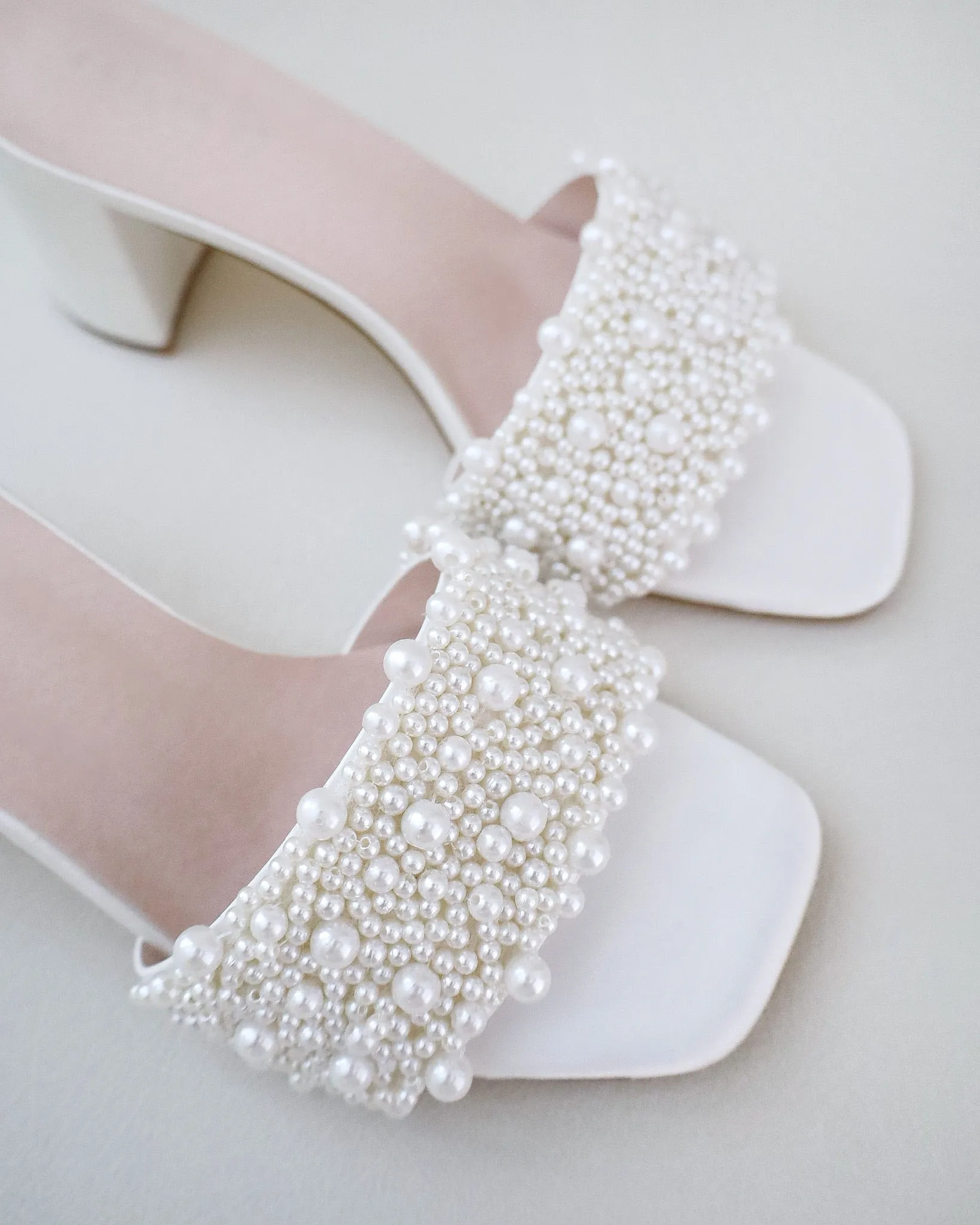 Satin Block Heels Slide Wedding Sandals with Perla Applique