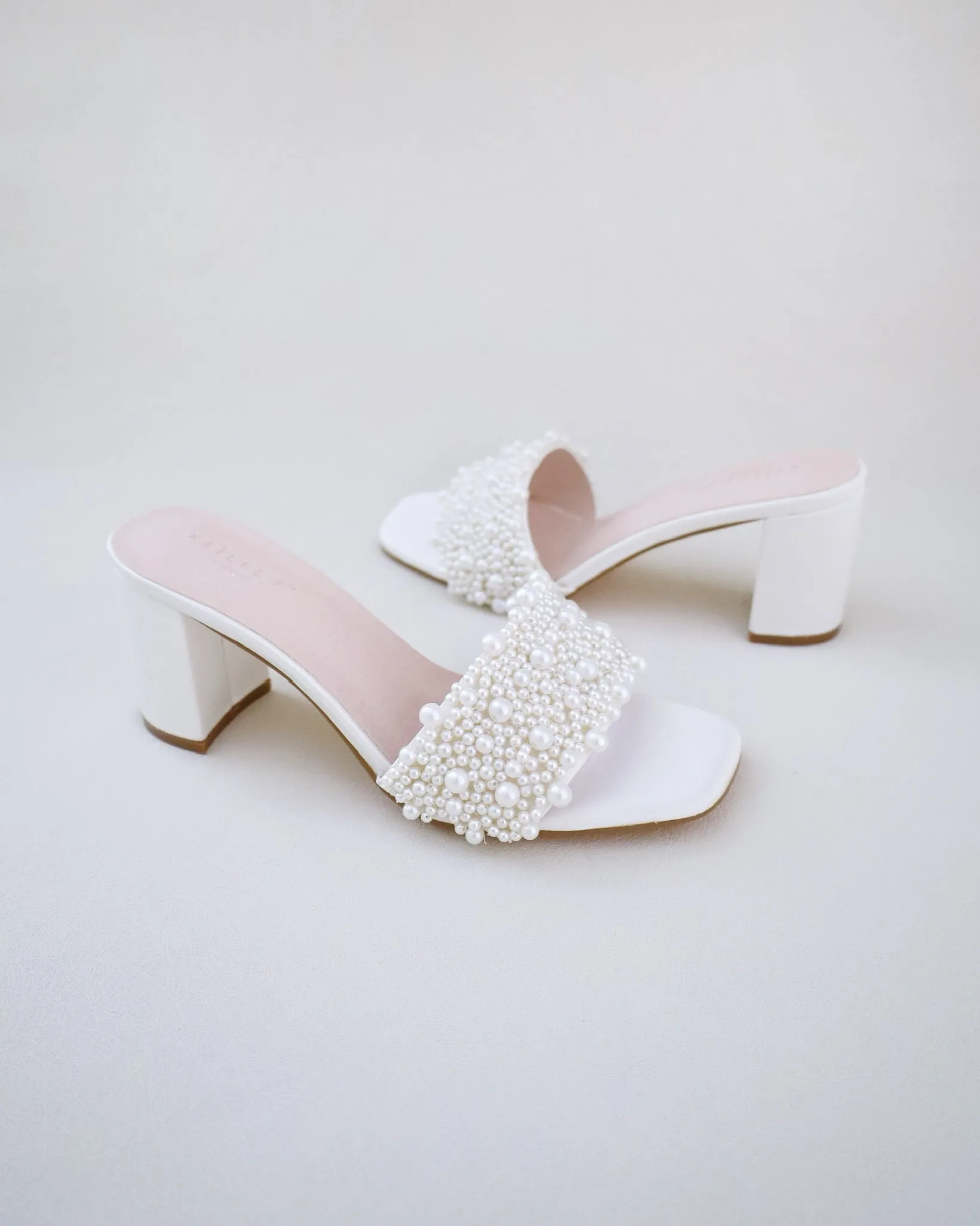 Satin Block Heels Slide Wedding Sandals with Perla Applique