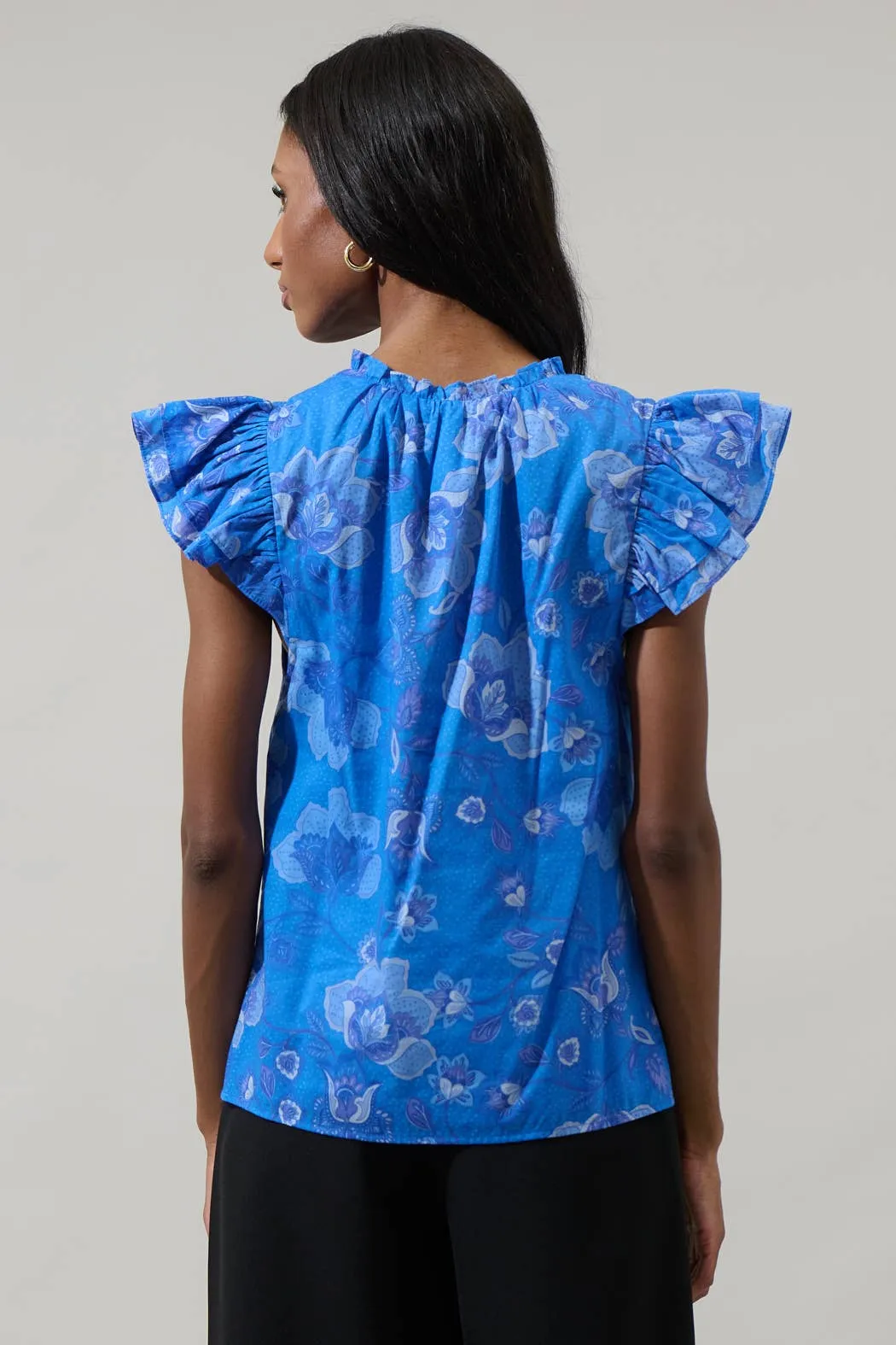 Selma Floral Claramay Ruffle Split Neck Top