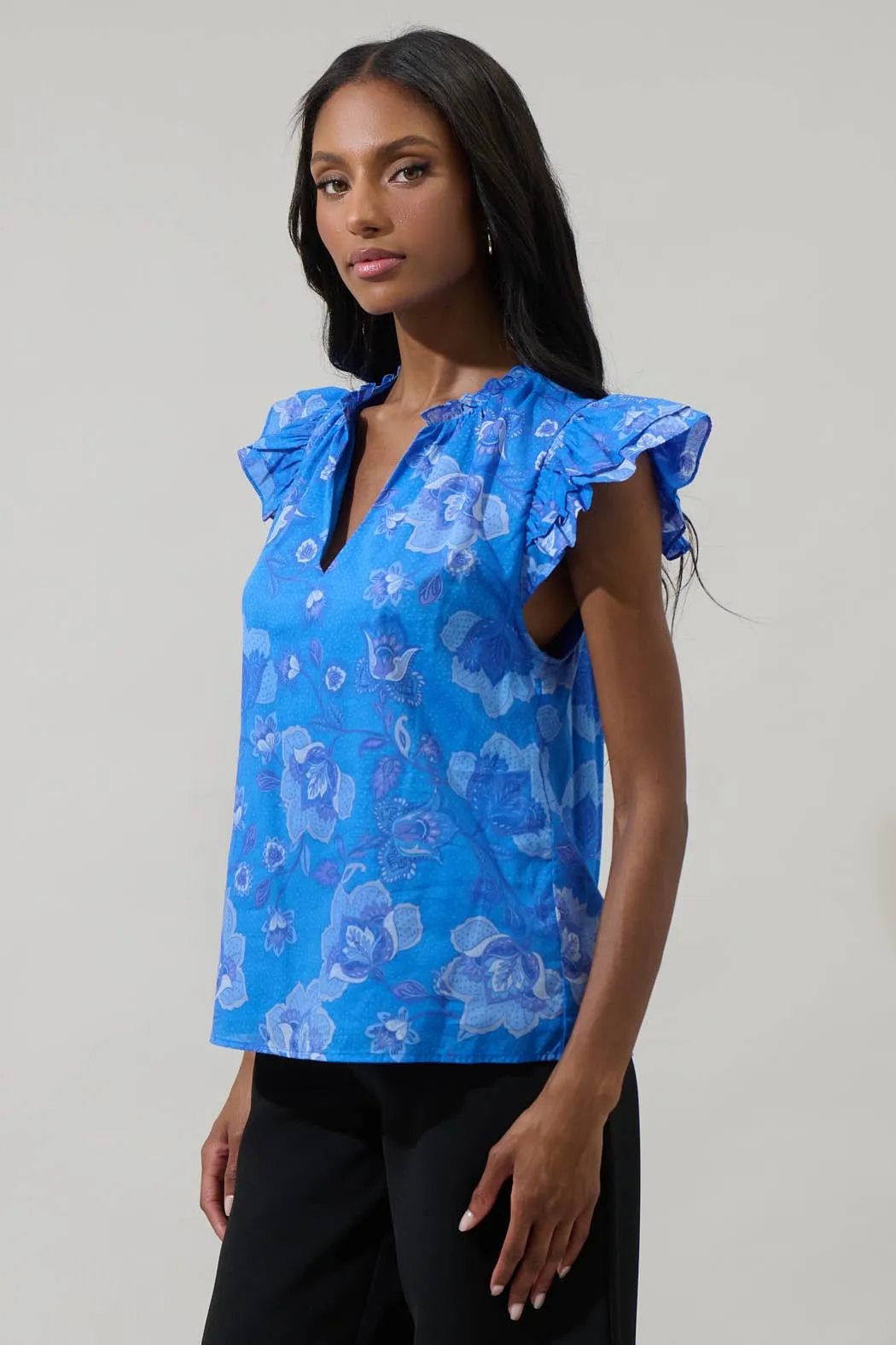 Selma Floral Claramay Ruffle Split Neck Top