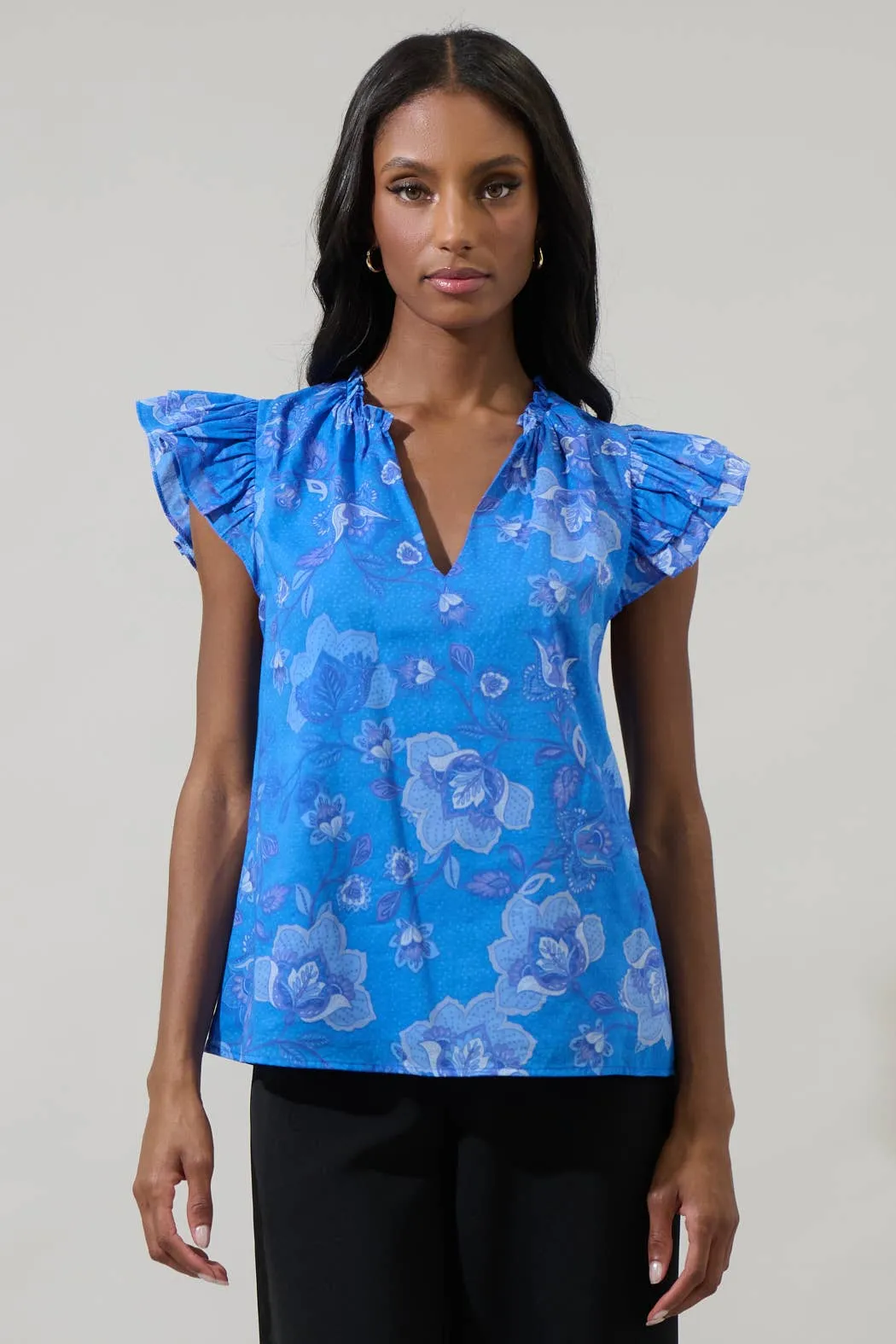 Selma Floral Claramay Ruffle Split Neck Top