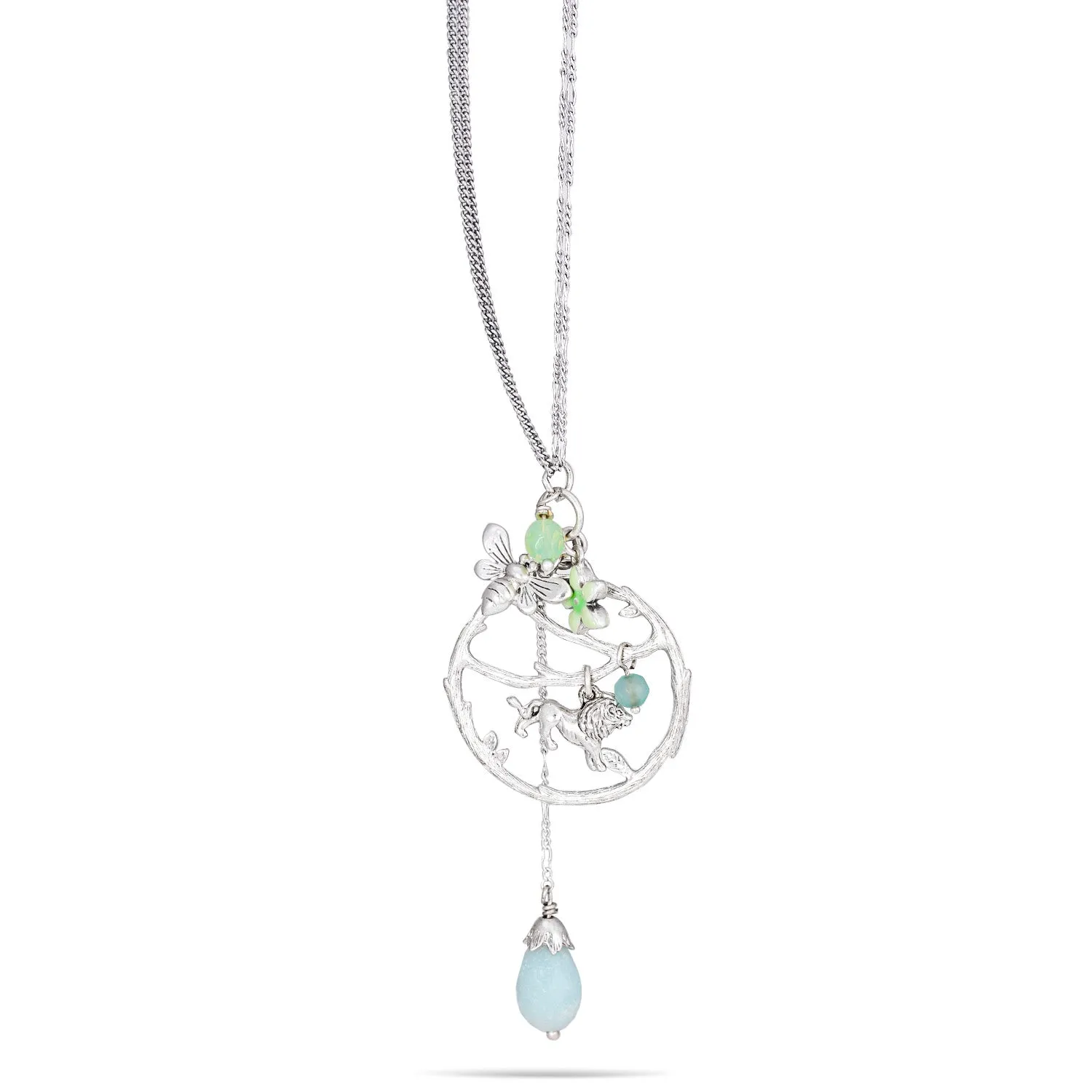 SILVER LION AND BUTTERFLY GREEN STONE TASSEL NECKLACES #203GN1501 (10G1/1D20)